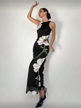 NWOT Black Floral Maxi Dress with White Bloom Print